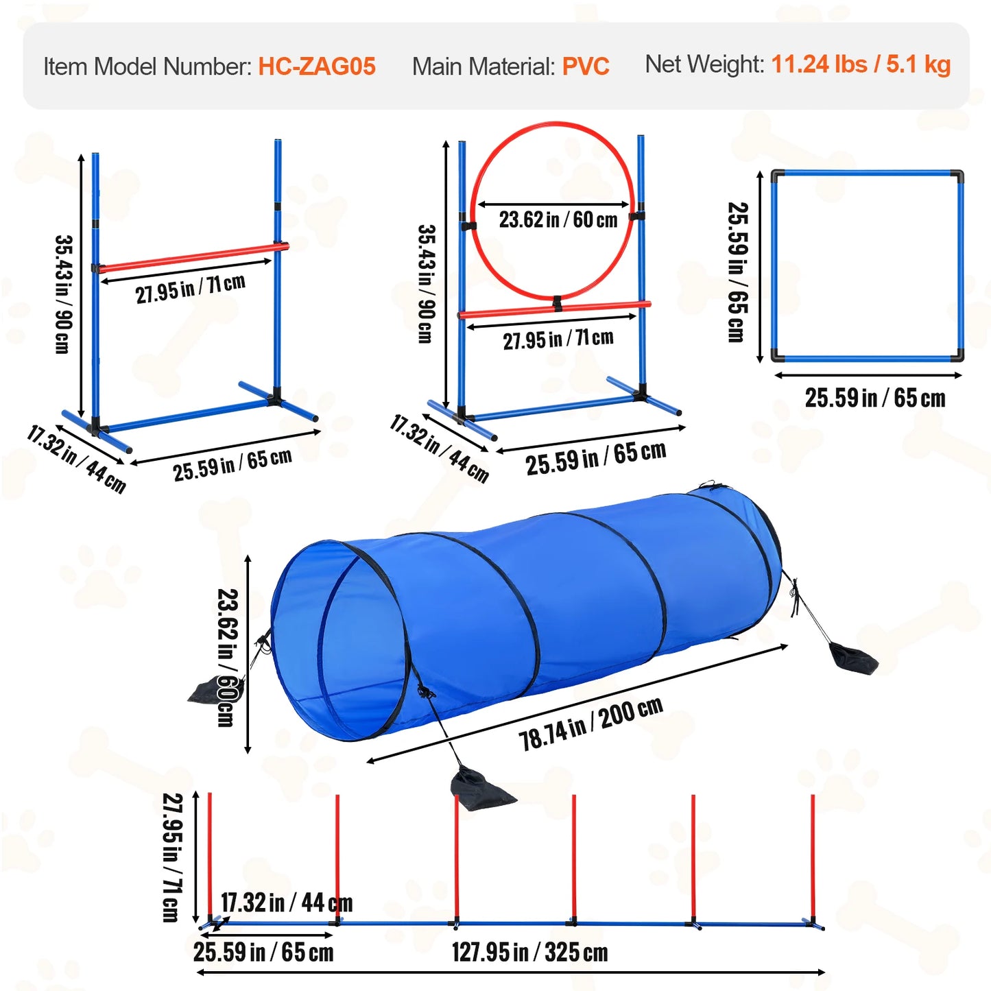 VEVOR Dog Agility Training Equipment 5 PCS Set Upgrade with Adjustable Hurdles Extended Tunne Puppy Obstacle Course Kit with Bag