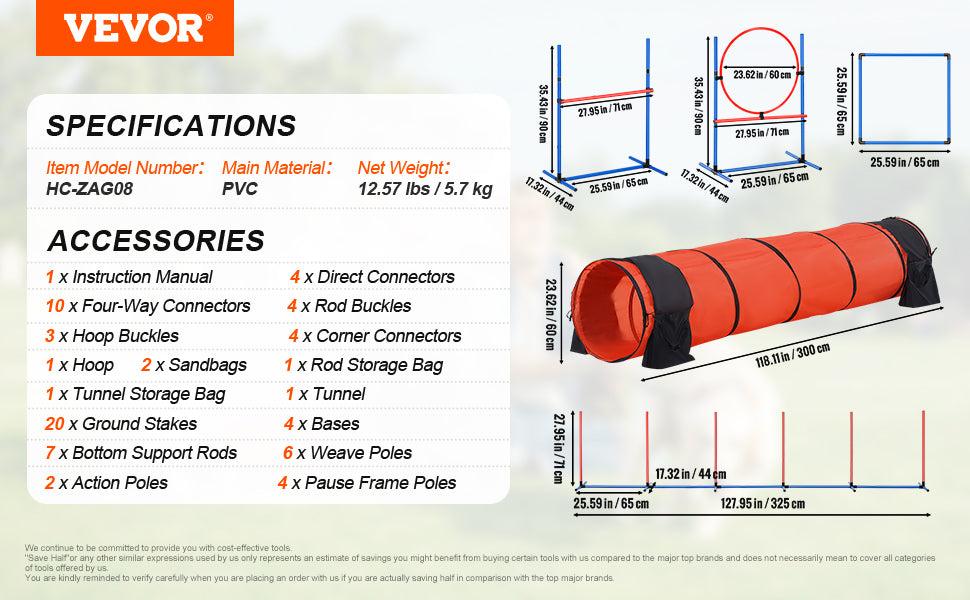 VEVOR Dog Agility Training Equipment 5 PCS Set Upgrade with Adjustable Hurdles Extended Tunne Puppy Obstacle Course Kit with Bag