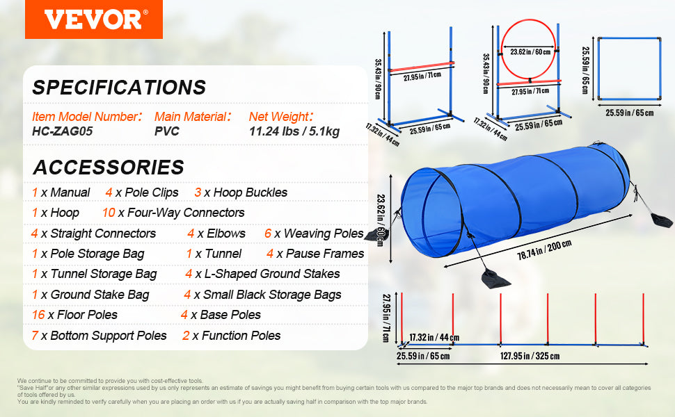 VEVOR Dog Agility Training Equipment 5 PCS Set Upgrade with Adjustable Hurdles Extended Tunne Puppy Obstacle Course Kit with Bag