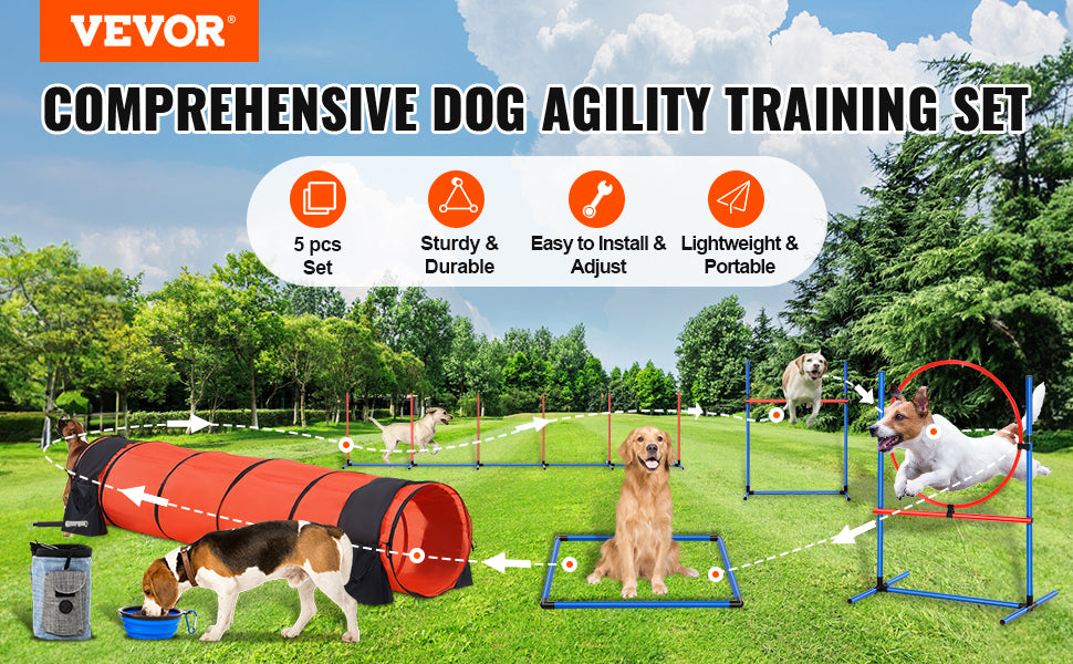 VEVOR Dog Agility Training Equipment 5 PCS Set Upgrade with Adjustable Hurdles Extended Tunne Puppy Obstacle Course Kit with Bag